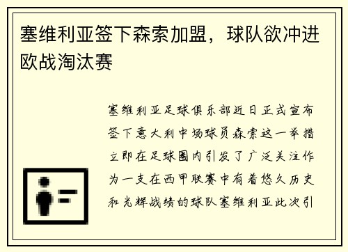 塞维利亚签下森索加盟，球队欲冲进欧战淘汰赛