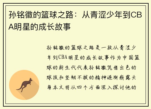 孙铭徽的篮球之路：从青涩少年到CBA明星的成长故事