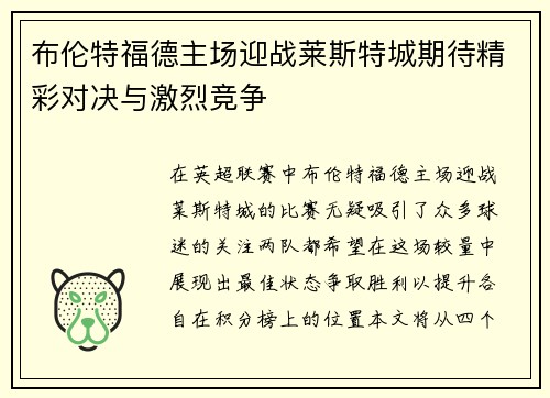 布伦特福德主场迎战莱斯特城期待精彩对决与激烈竞争